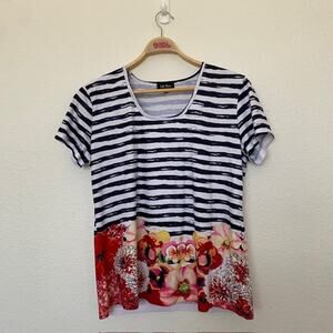 Lily Moss Short Sleeve Tee Blue White Striped Muti-Color Floral Hem Women's XL‎